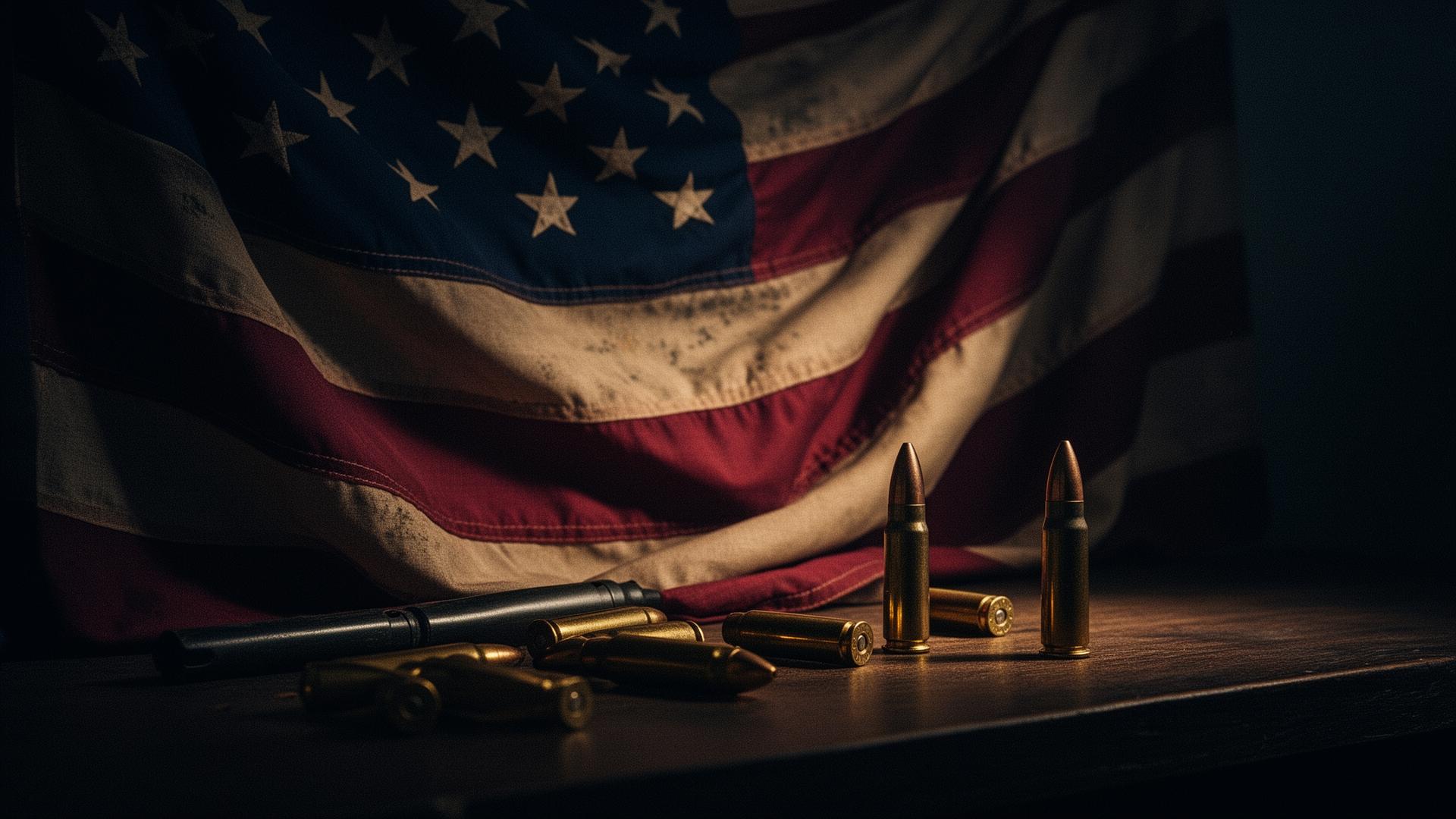 American flag with firearm and brass casings on a wooden table